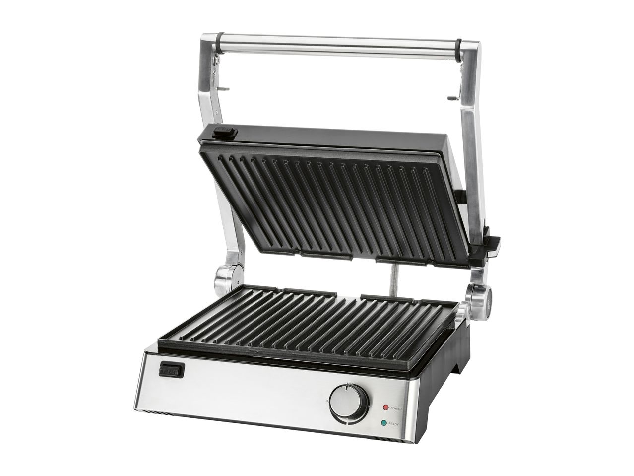 A commercial-style contact grill with adjustable temperature control.