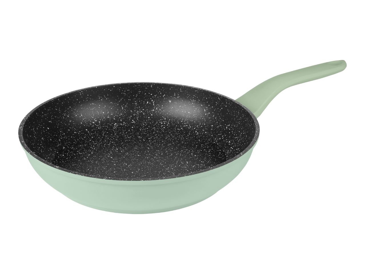 Light green frying pan with a speckled black non-stick interior