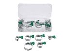 A package of assorted stainless steel hose clamps with green plastic tightening levers.