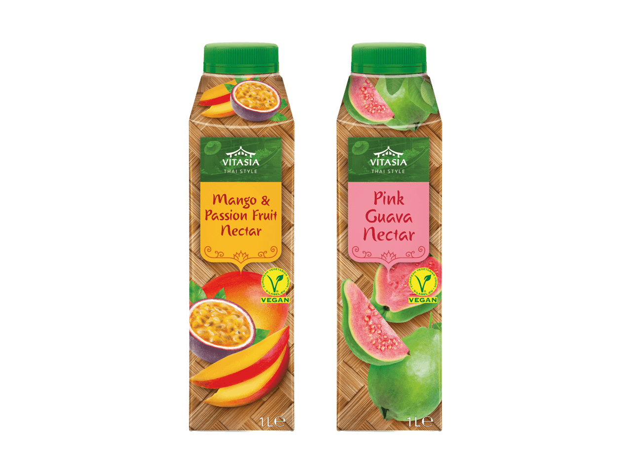 Zwei Flaschen Nektar: Mango-Maracuja und Pink Guave, beide vegan.