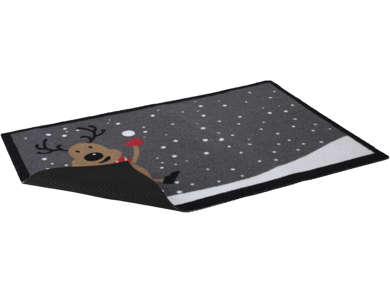 LIVARNO home Tapete de Entrada: Pilkas kilimėlis su elniu, metančiu sniego gniūžtę.
