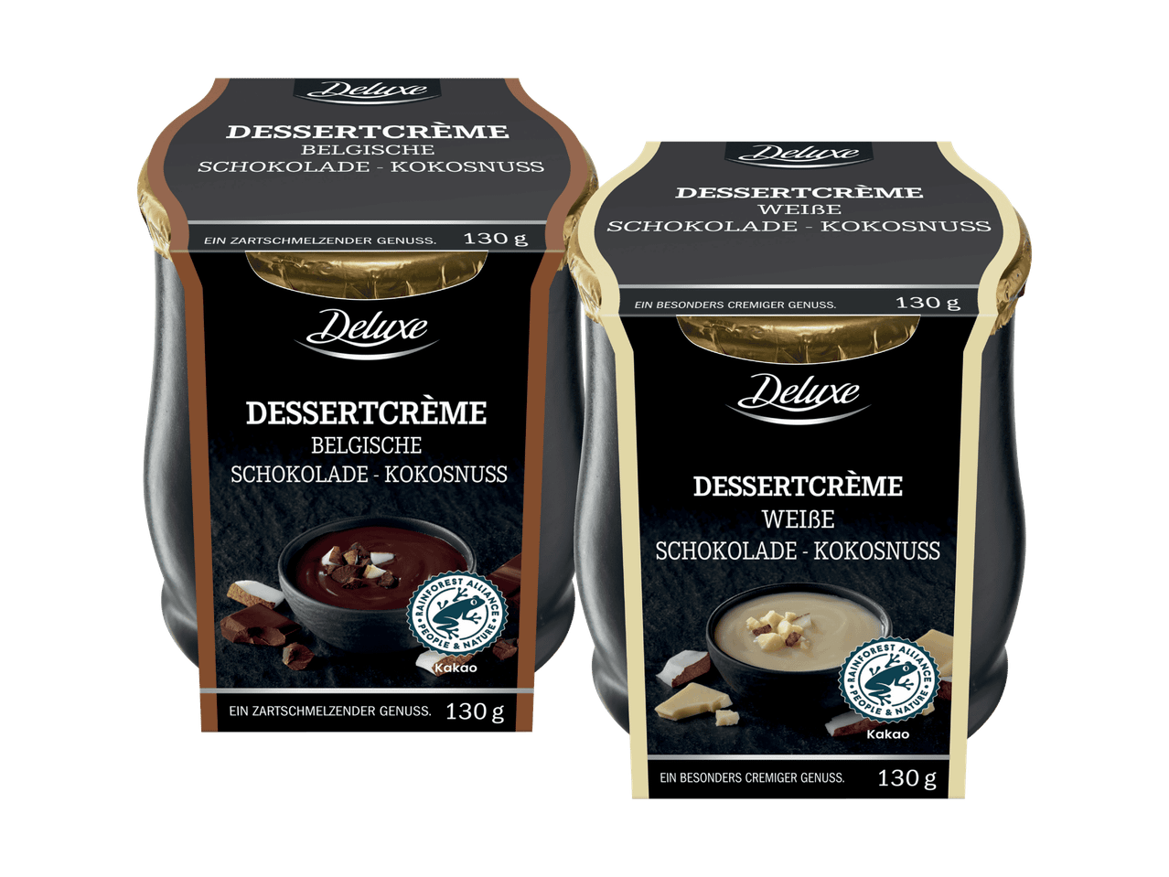 Zwei Deluxe Dessertcremes: belgische Schokolade-Kokosnuss und weiße Schokolade-Kokosnuss, je 130g.