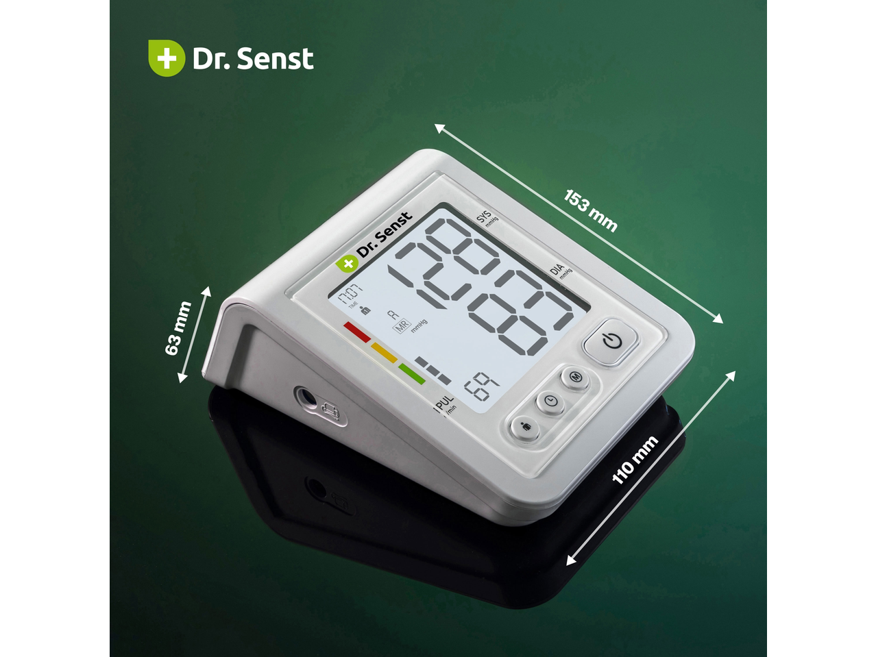 Medidor de pressão arterial de braço Dr. Senst com ecrã digital, mede 153x110x63 mm.