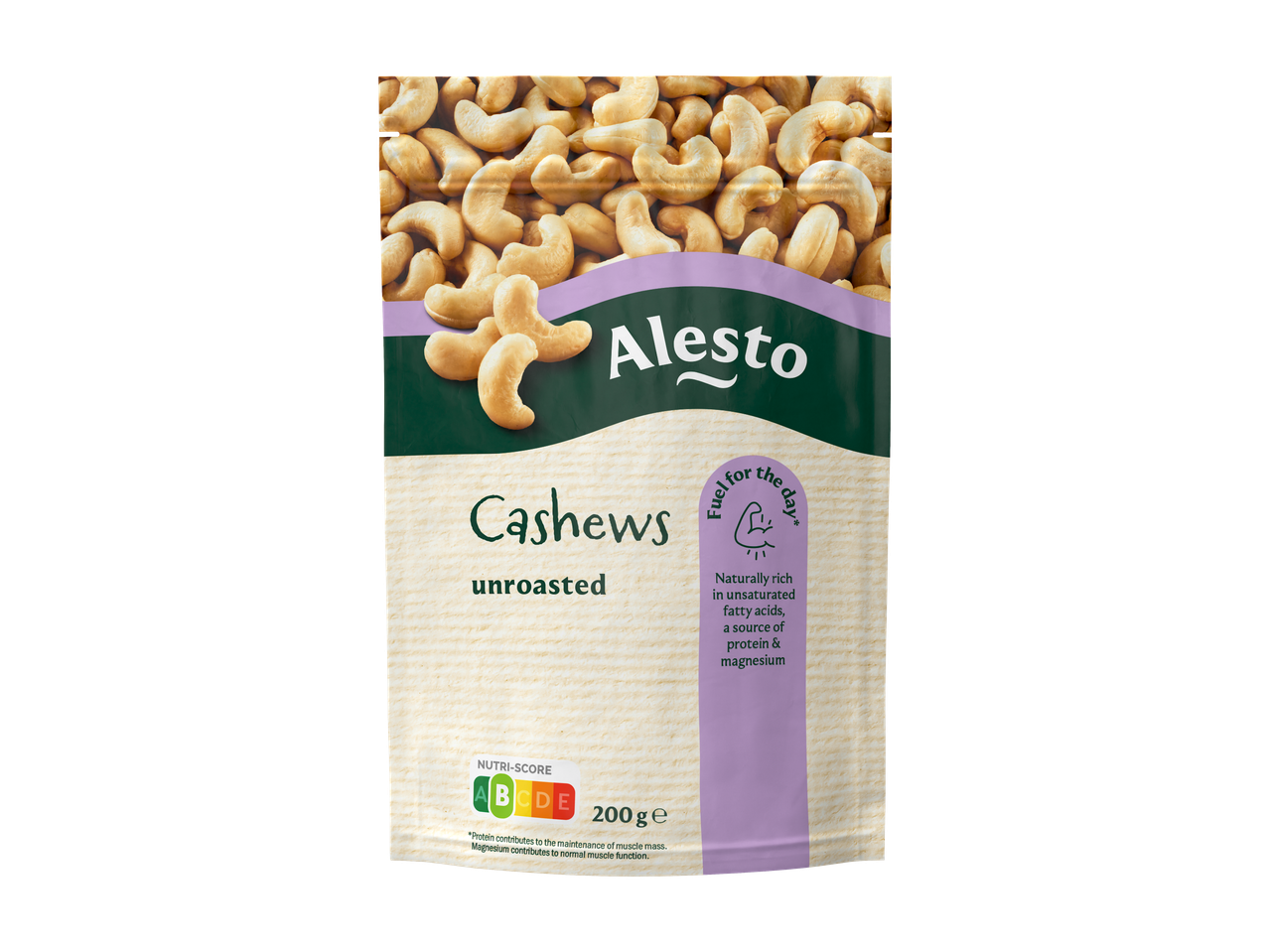 Alesto ongeroosterde cashewnoten zak van 200g, rijk aan eiwitten en magnesium.