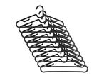A stack of black plastic clothes hangers, fanned out against a white background.