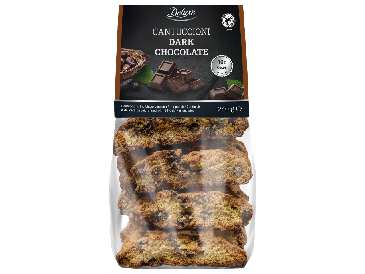„Deluxe“ Cantucci su juoduoju šokoladu: traškūs sausainiai su 46% kakavos.