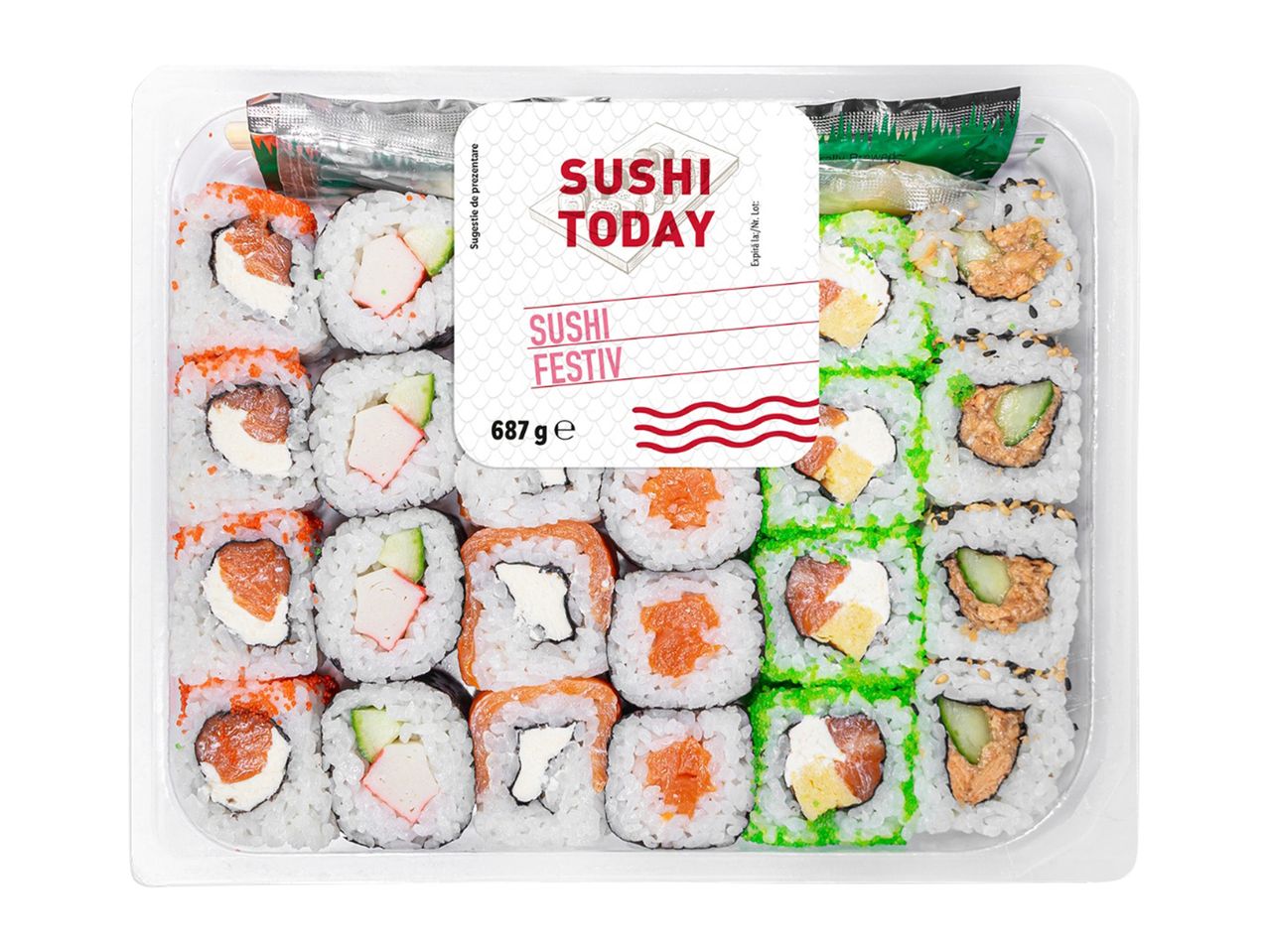 Tavă de sushi asortată, cu diverse tipuri de sushi, inclusiv nigiri și maki, cu eticheta „Sushi Festiv” și greutatea de 687g.