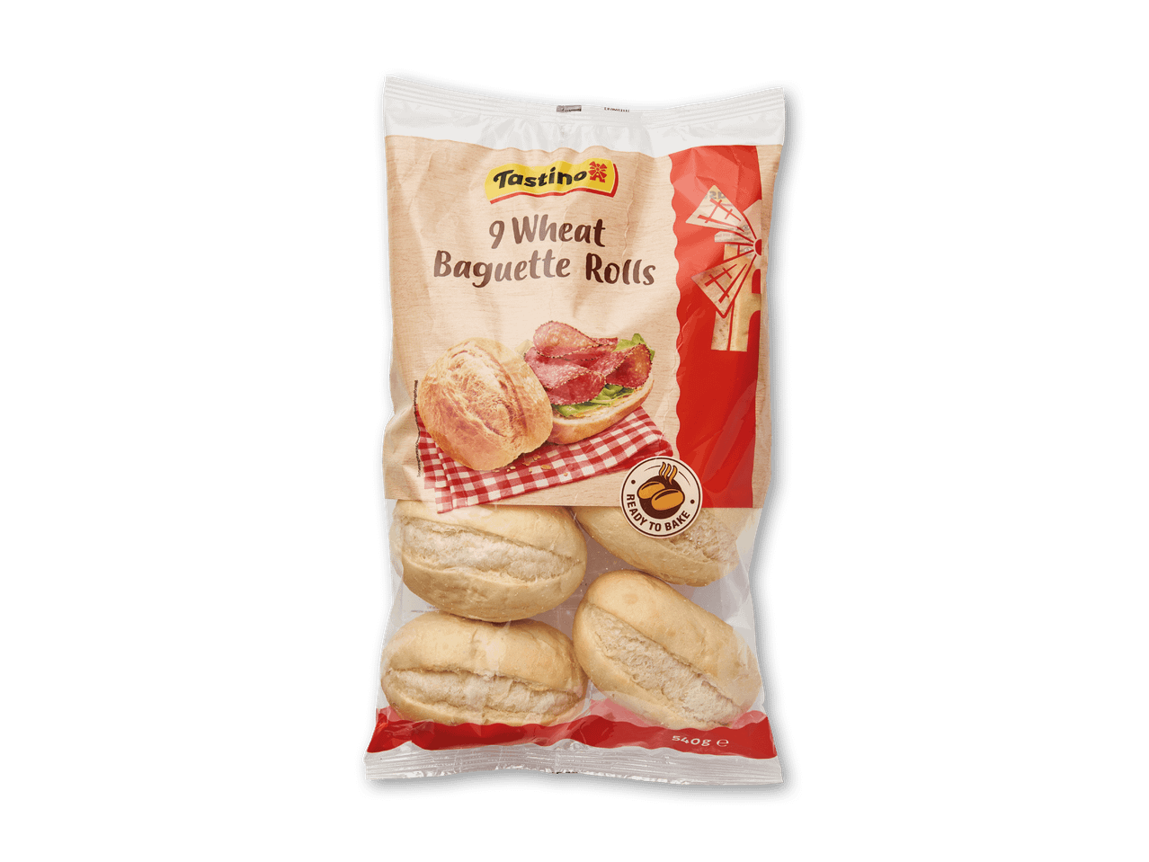 En pakke med 9 hvede baguetteboller, klar til at bage, med et billede af en sandwich.