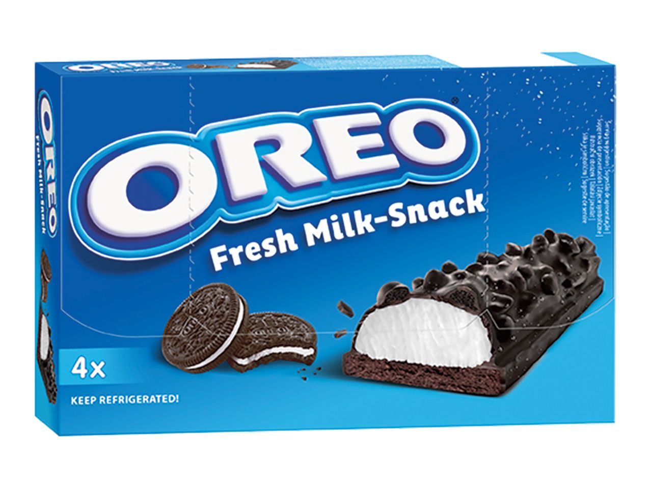 Cutie de Oreo Fresh Milk-Snack cu 4 bucăți și o imagine a produsului tăiat.