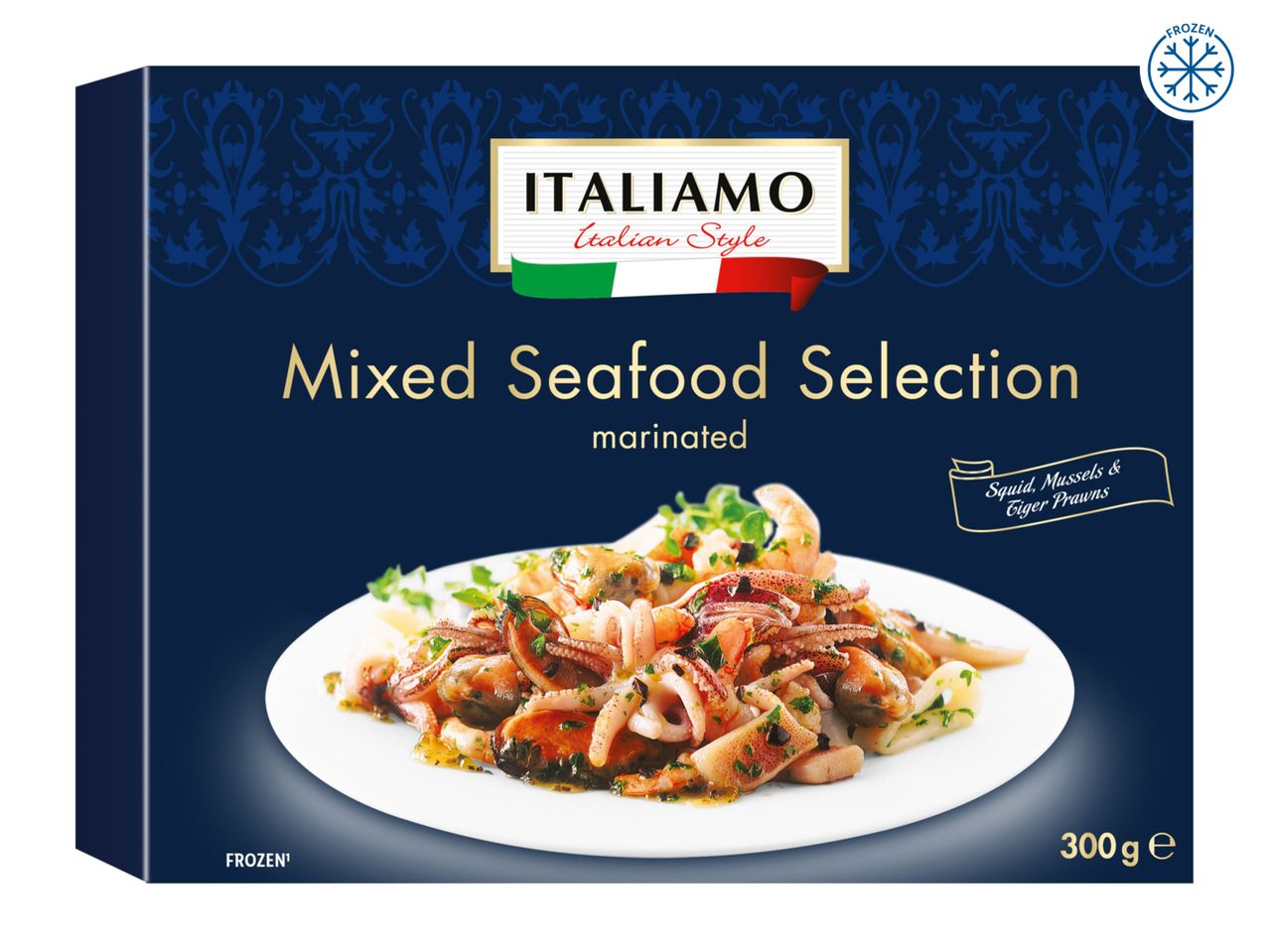 Italiamo Mixed Seafood Selection, marinated, with squid, mussels, and tiger prawns.