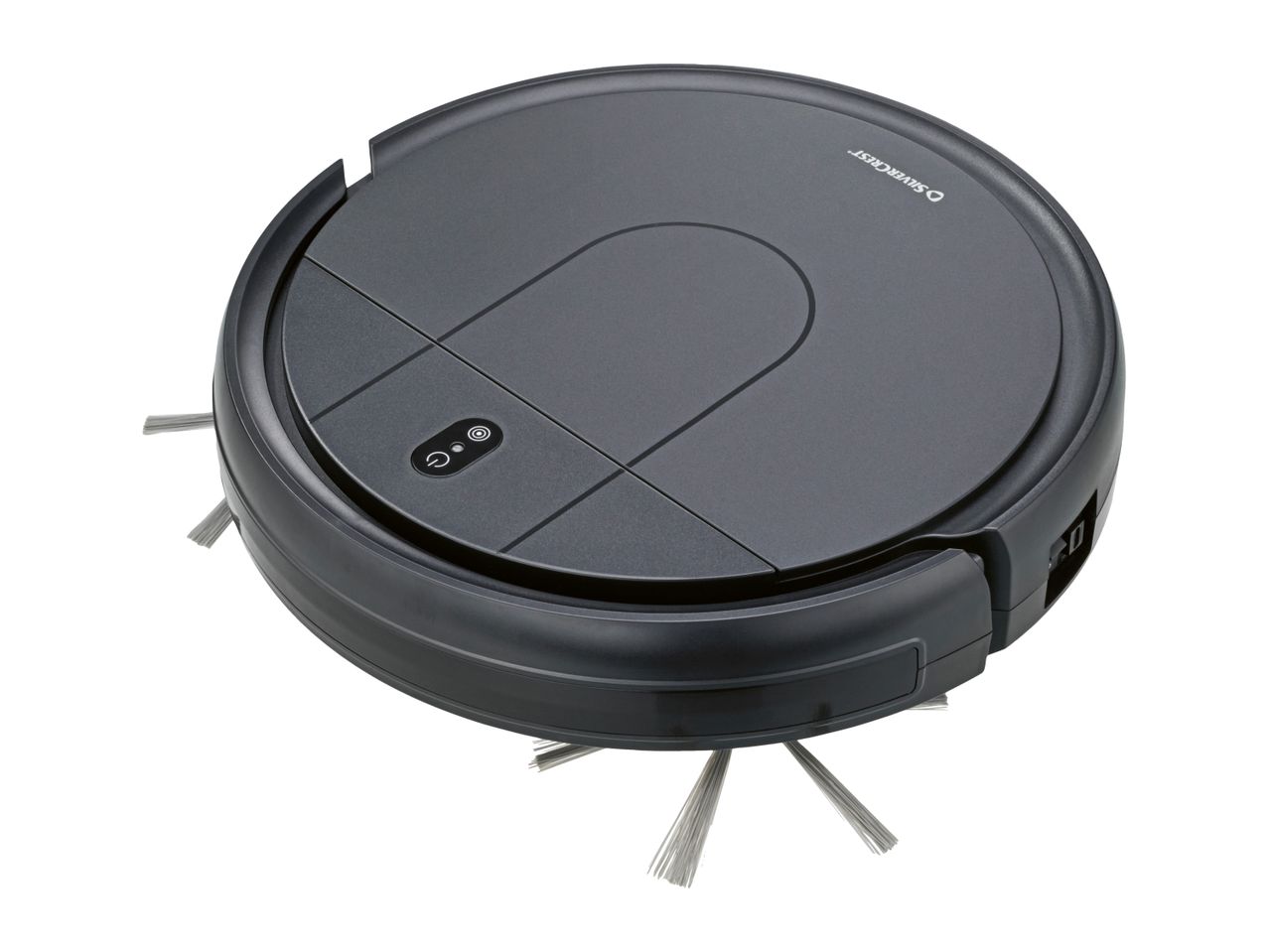 Dark grey robotic vacuum cleaner with side brushes and power button on top.