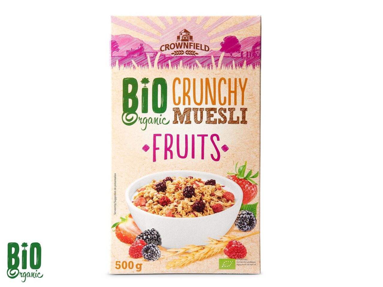 Crownfield Bio Crunchy muesli met fruit.