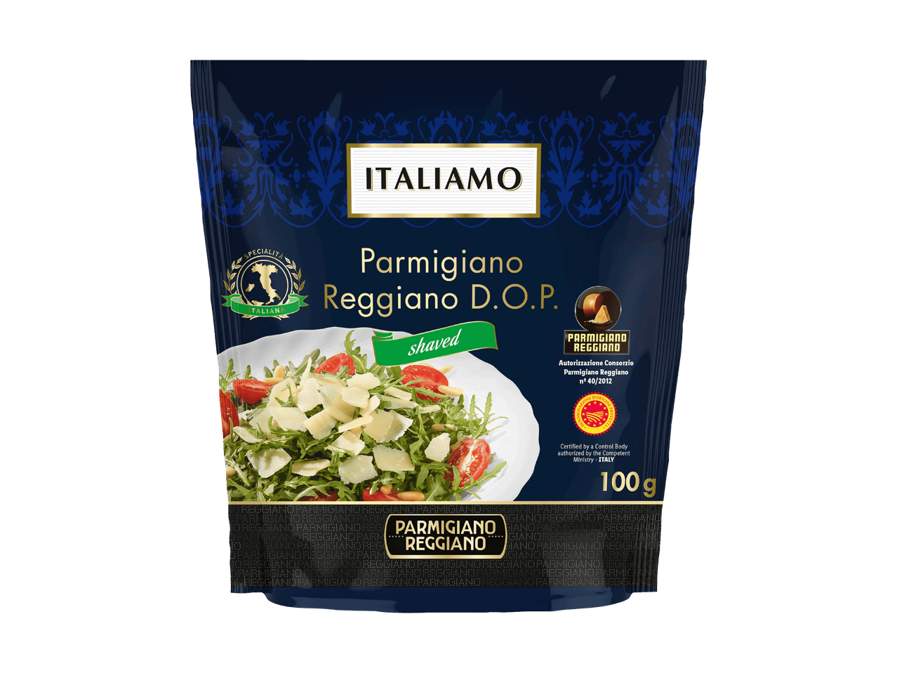 Verpackung mit geriebenem Parmigiano Reggiano Käse und Salatbild.