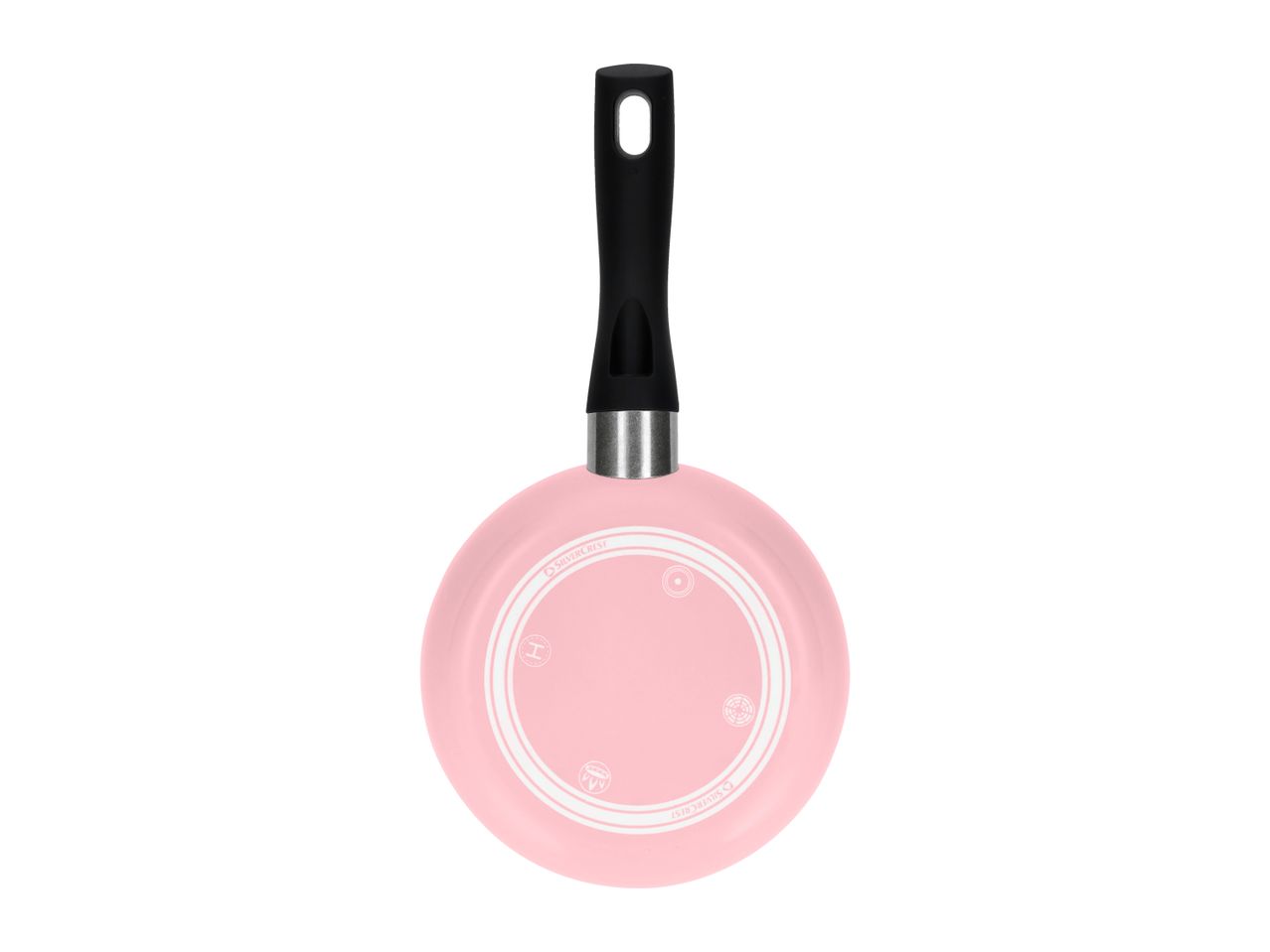 Pink frying pan with a black handle, viewed from the bottom.
