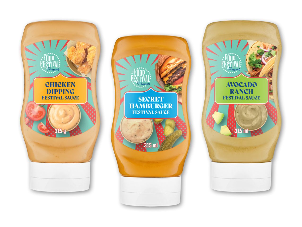 Tre flasker festivalsauce: kyllingedip, hemmelig burger og avocadoranch, alle 315 ml/g.