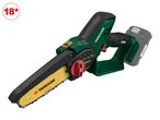 Cordless mini chainsaw with a battery, featuring a red 18+ age restriction symbol.
