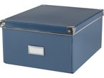 A blue fabric storage box with a label holder.