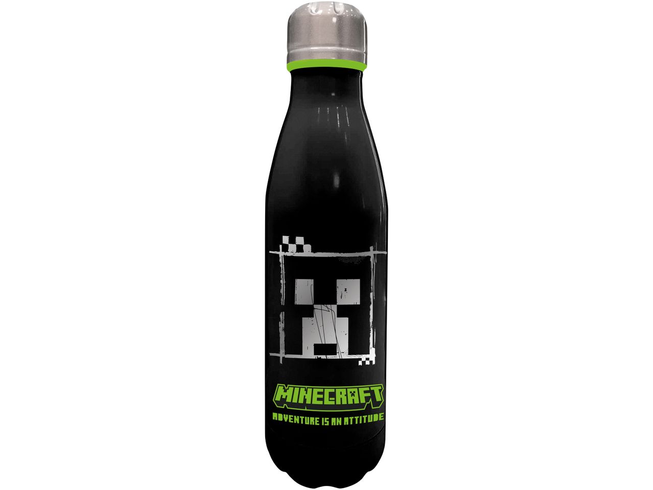 Black Minecraft water bottle with a Creeper face design and green text.