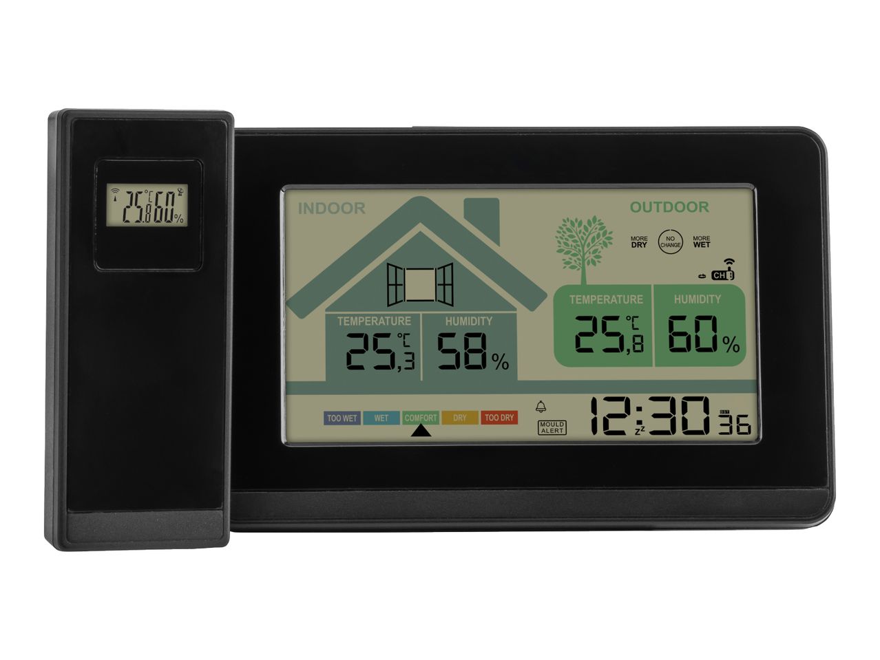 Digital indoor and outdoor thermometer and hygrometer with time display and mould alert.