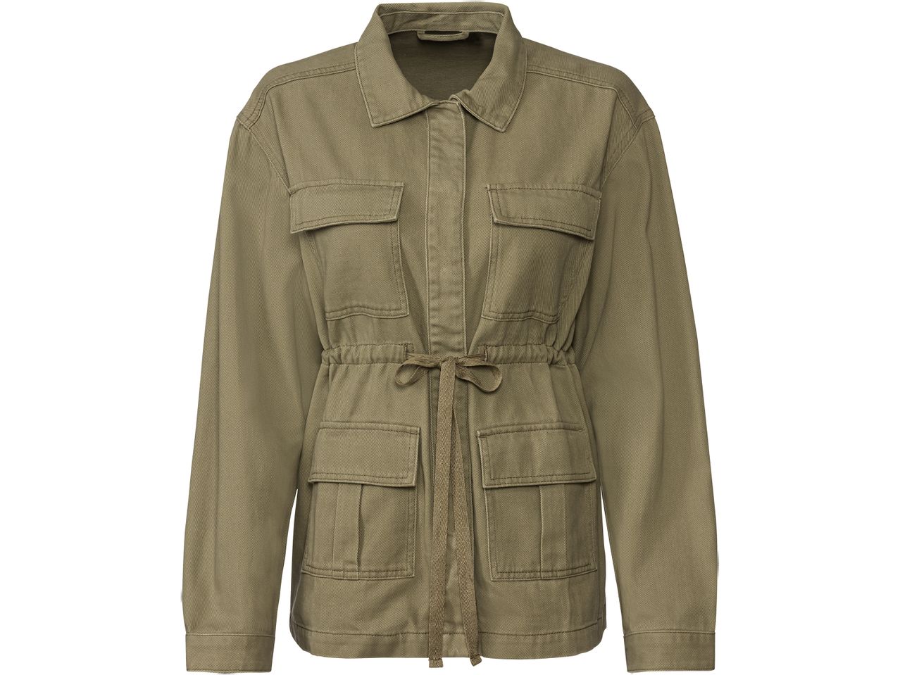 Giacca verde oliva con coulisse in vita e tasche a soffietto