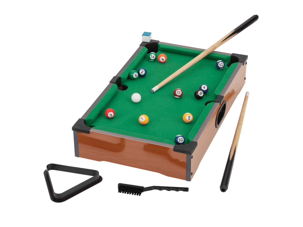 Biliardo stalas su lazdomis, kamuoliukais, trikampiu ir šepečiu