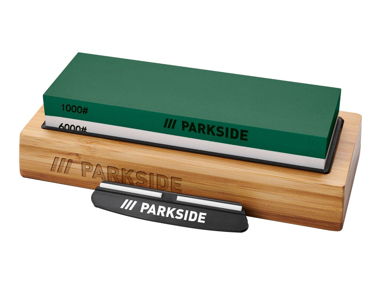 Parkside two-stage sharpening stone set with bamboo base and honing steel.