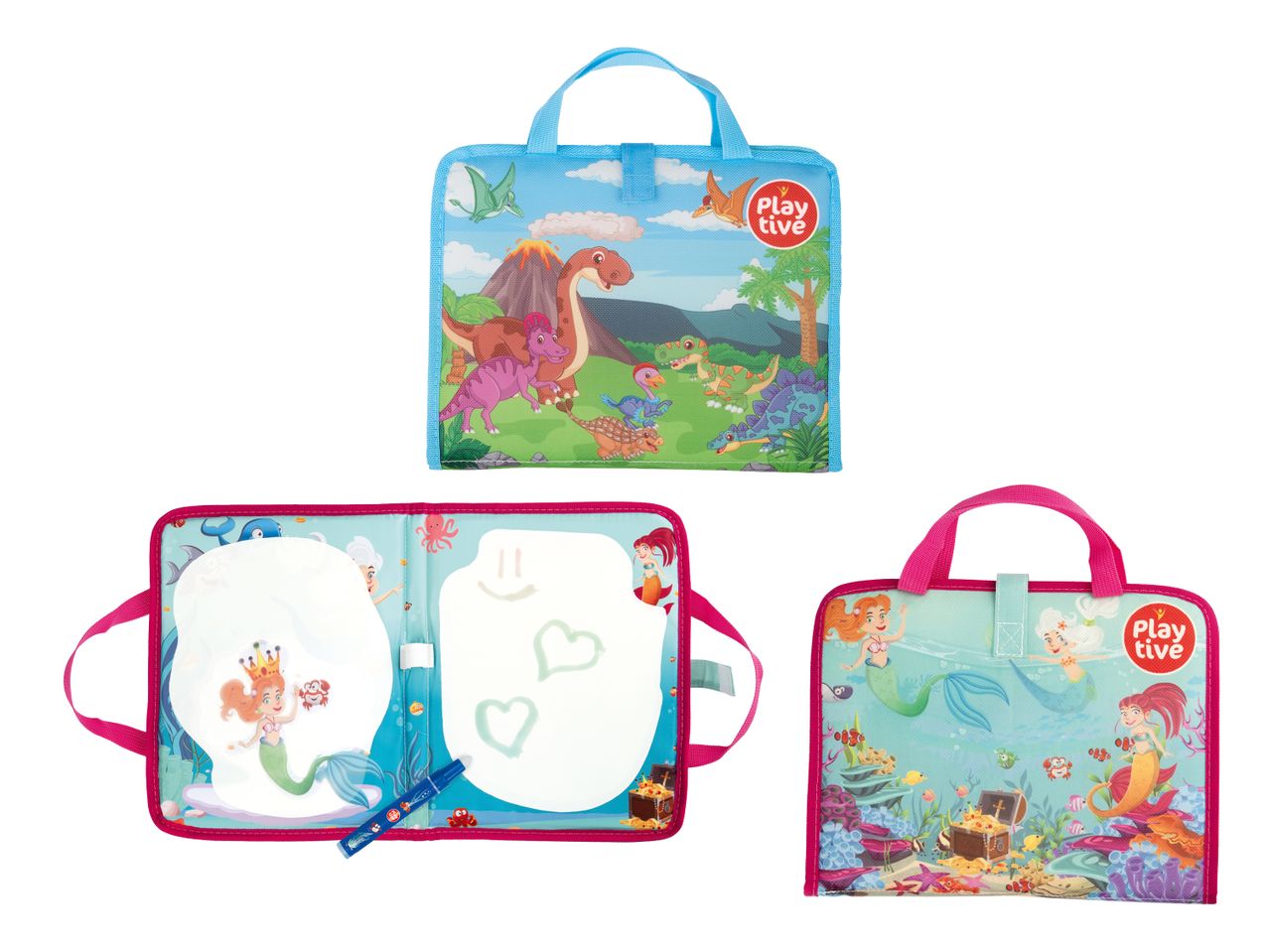 Zwei Malbücher für Kinder, eines mit Dinosauriern und eines mit Meerjungfrauen, offen und geschlossen.