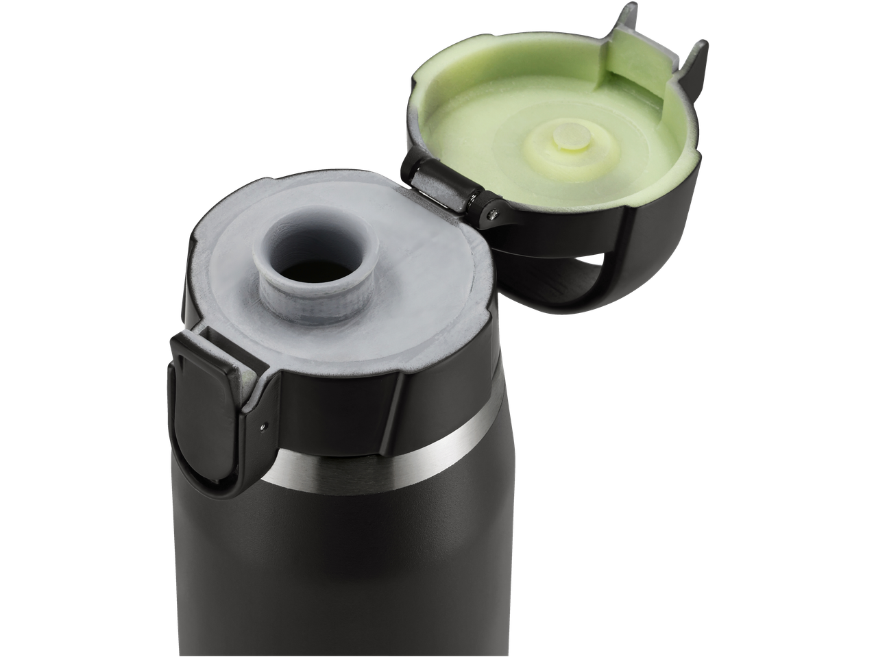 Atvērta nerūsējošā tērauda dzeramā pudele ar melnu vāku un gaiši zaļu iekšpusi.