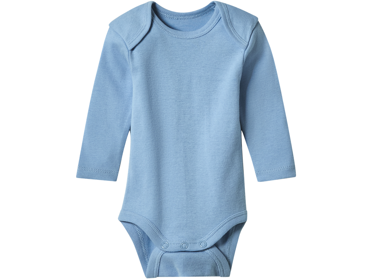 Gaiši zils, garām piedurknēm bērnu bodijs ar spiedpogām autiņbiksīšu zonā.