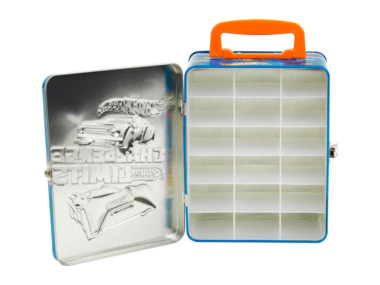 Open blue metal toy car carrying case with an orange handle and internal compartments.