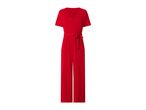 Red short-sleeved jumpsuit with a V-neck and a tie-waist.