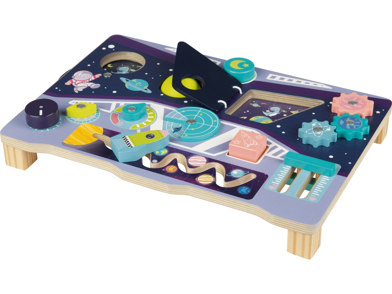 A colorful wooden space-themed busy board with various interactive elements for toddlers.