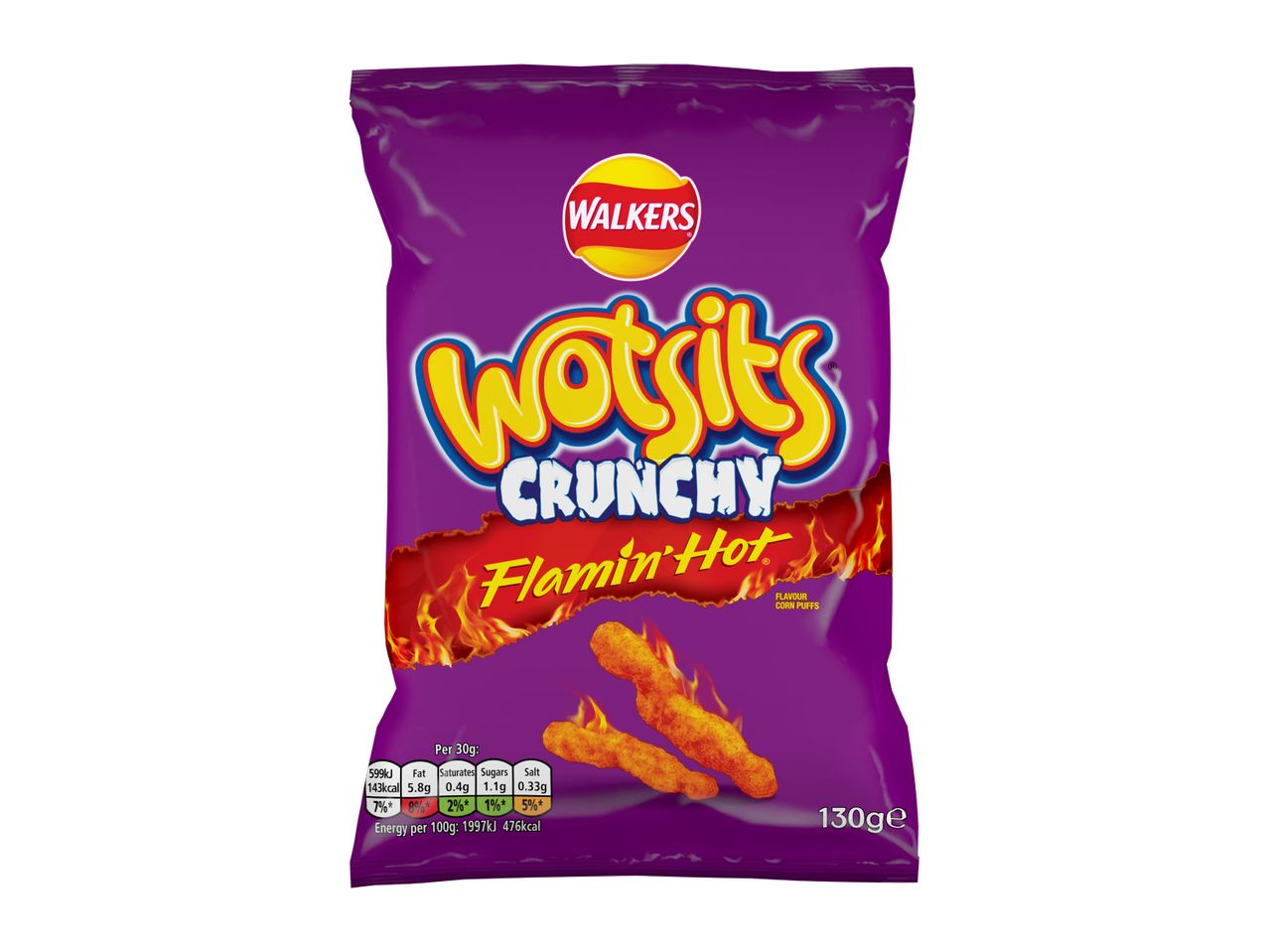 A bag of Walkers Wotsits Crunchy Flamin' Hot cheese snacks.