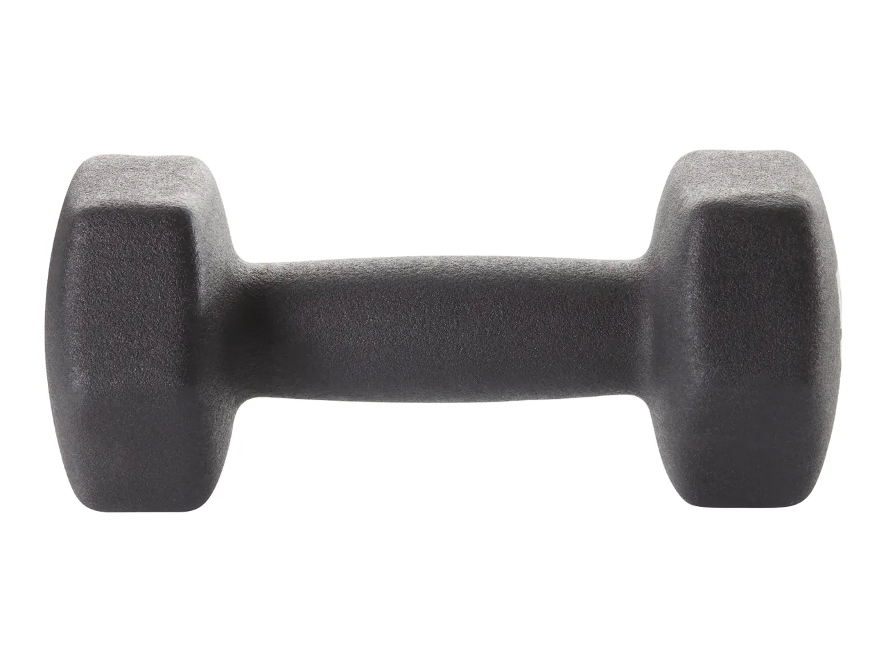 A black dumbbell with a textured surface
