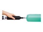 Hand holding a black electric pump inflating a green inflatable item.