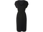 A black midi dress with short sleeves and a self-tie belt.