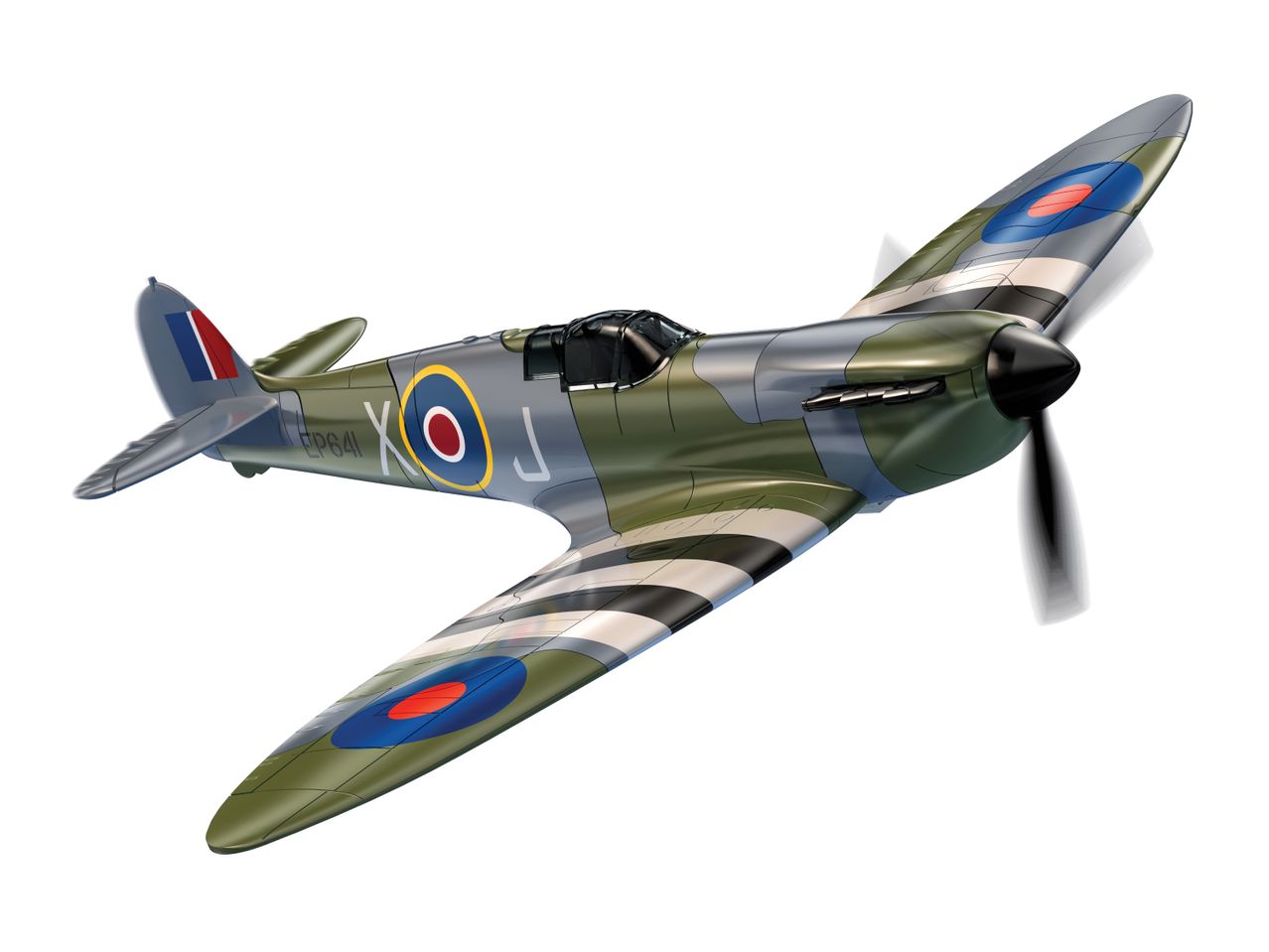 A detailed model of a vintage military aircraft, a Spitfire, with camouflage paint and spinning propeller.