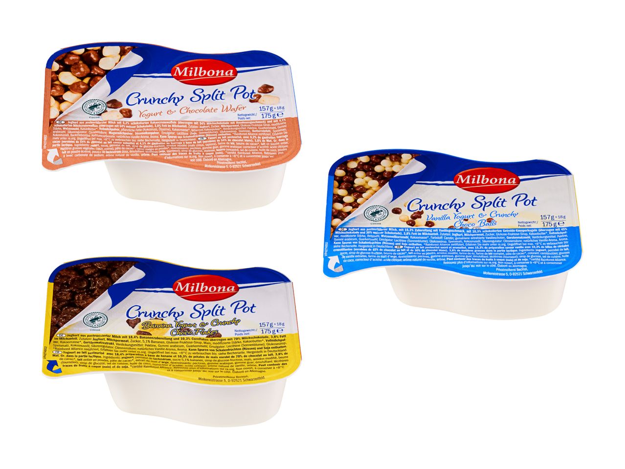 Milbona Crunchy Split Pot: Joghurt mit Schokowaffeln, Kugeln und Cerealien.