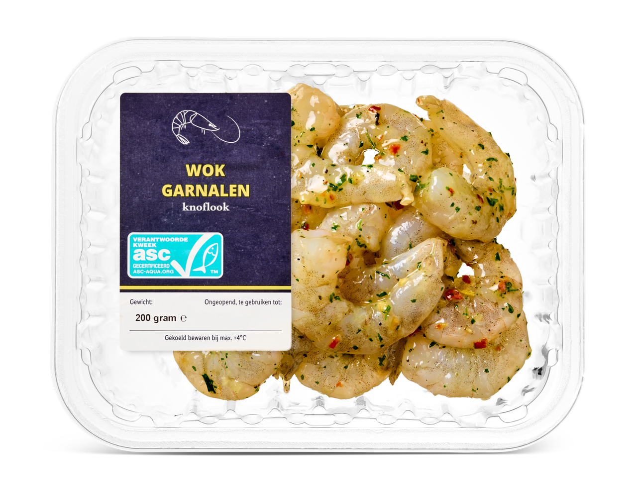 Knoflook wokgarnalen, 200g, ASC gecertificeerd.