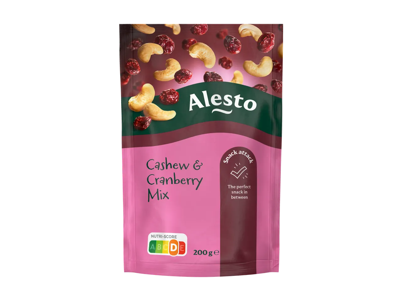 Alesto Cashew & Cranberry Mix, 200g verpakking met Nutri-Score D