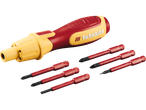 Отвертка PARKSIDE® VDE 4 V с червено-жълта дръжка и сменяеми накрайници.