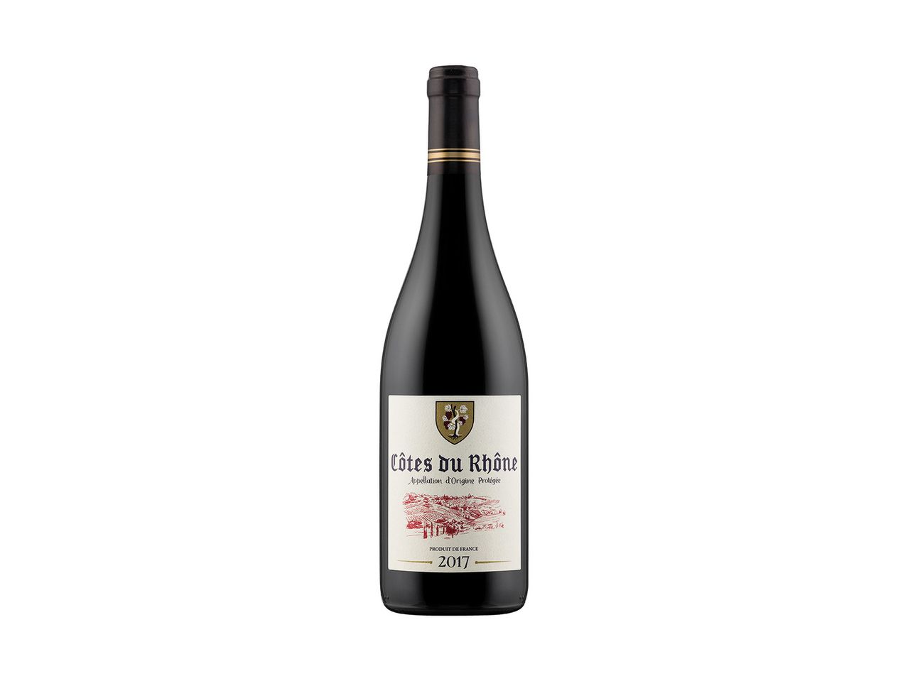 2017 Côtes du Rhône red wine bottle.