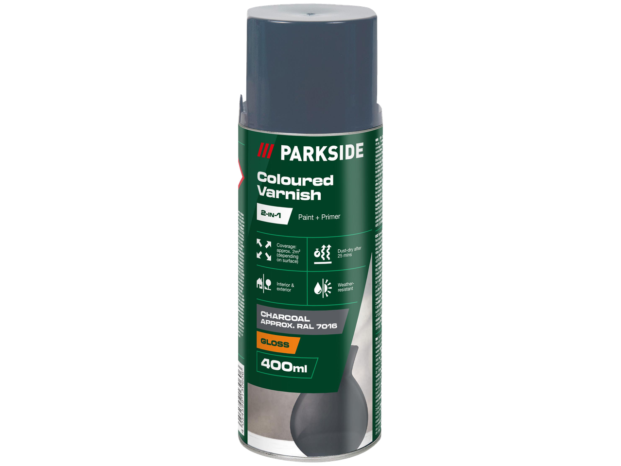 Színes lakk spray, 2 az 1-ben festék és alapozó, faszén színű, fényes, 400 ml-es kiszerelésben.