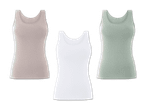 Drei Damen-Tanktops in Beige, Weiß und Hellgrün.