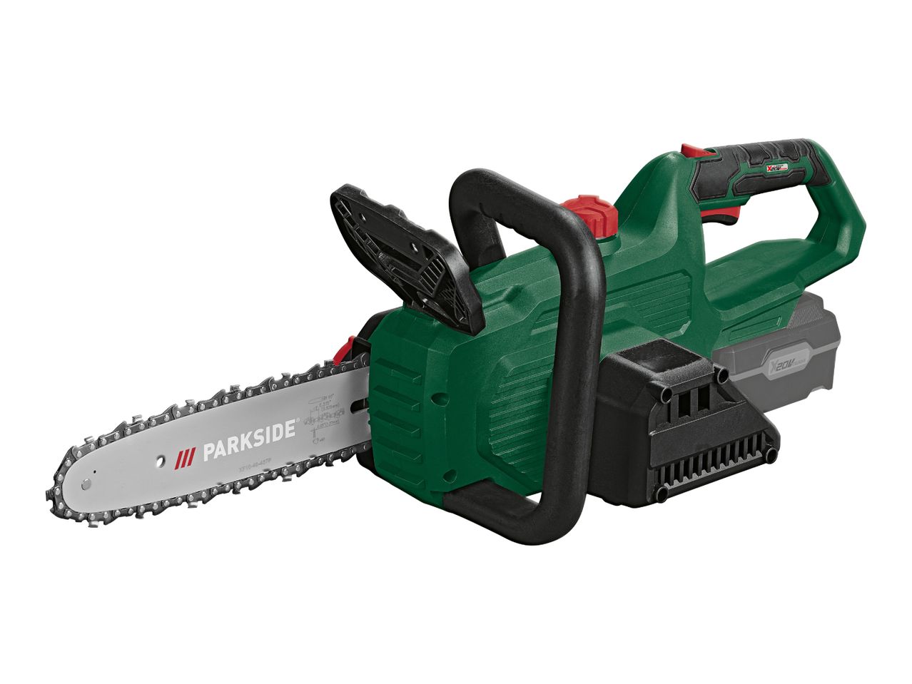 A green and black cordless chainsaw with a silver blade and a 20V battery pack.