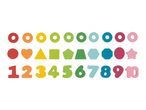 Colorful wooden numbers 1-10, rings, and various shapes for children's learning.