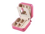 Pink portable jewelry box with compartments and mirror.