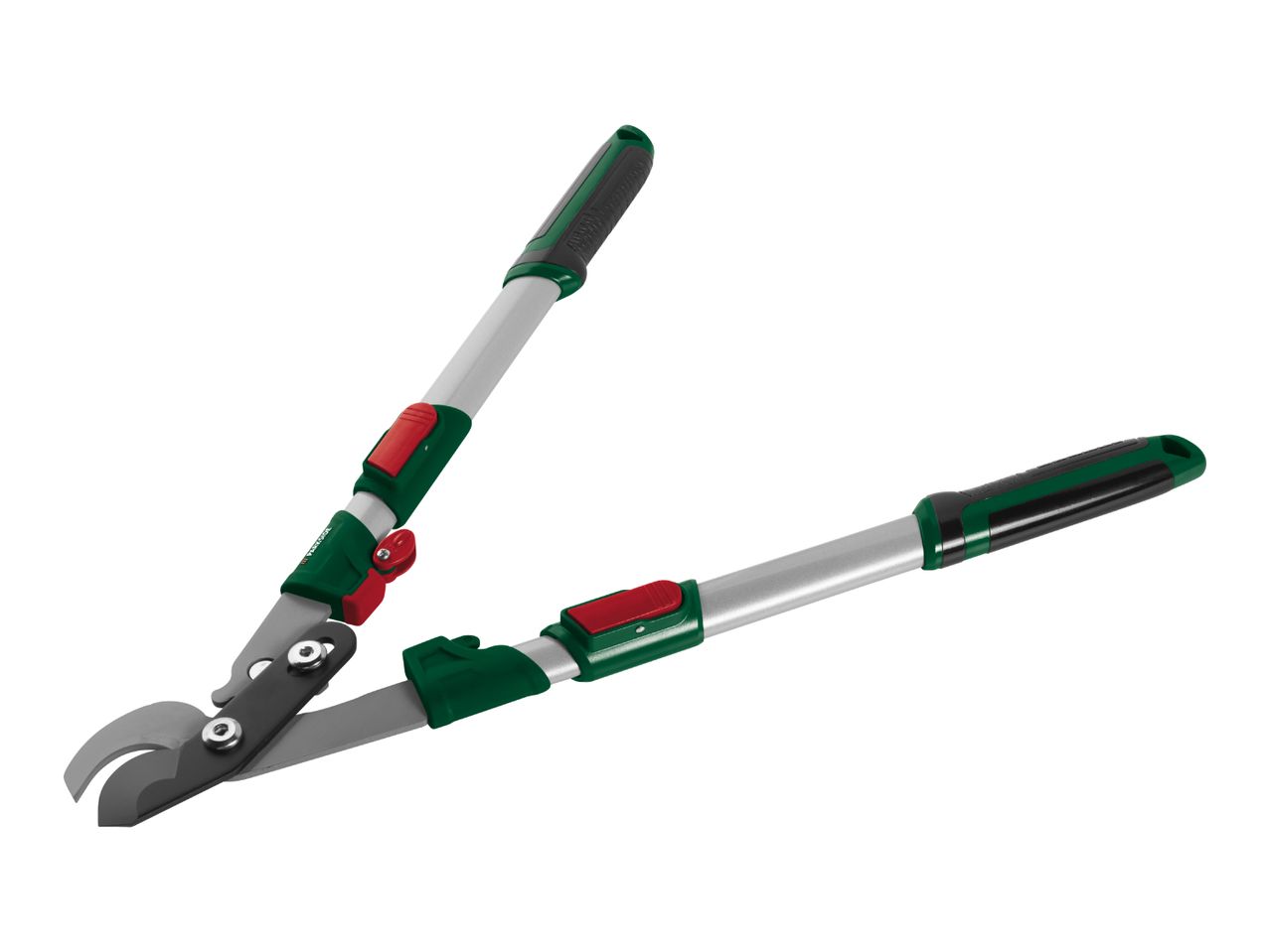 A pair of green and red telescopic bypass loppers with silver handles.
