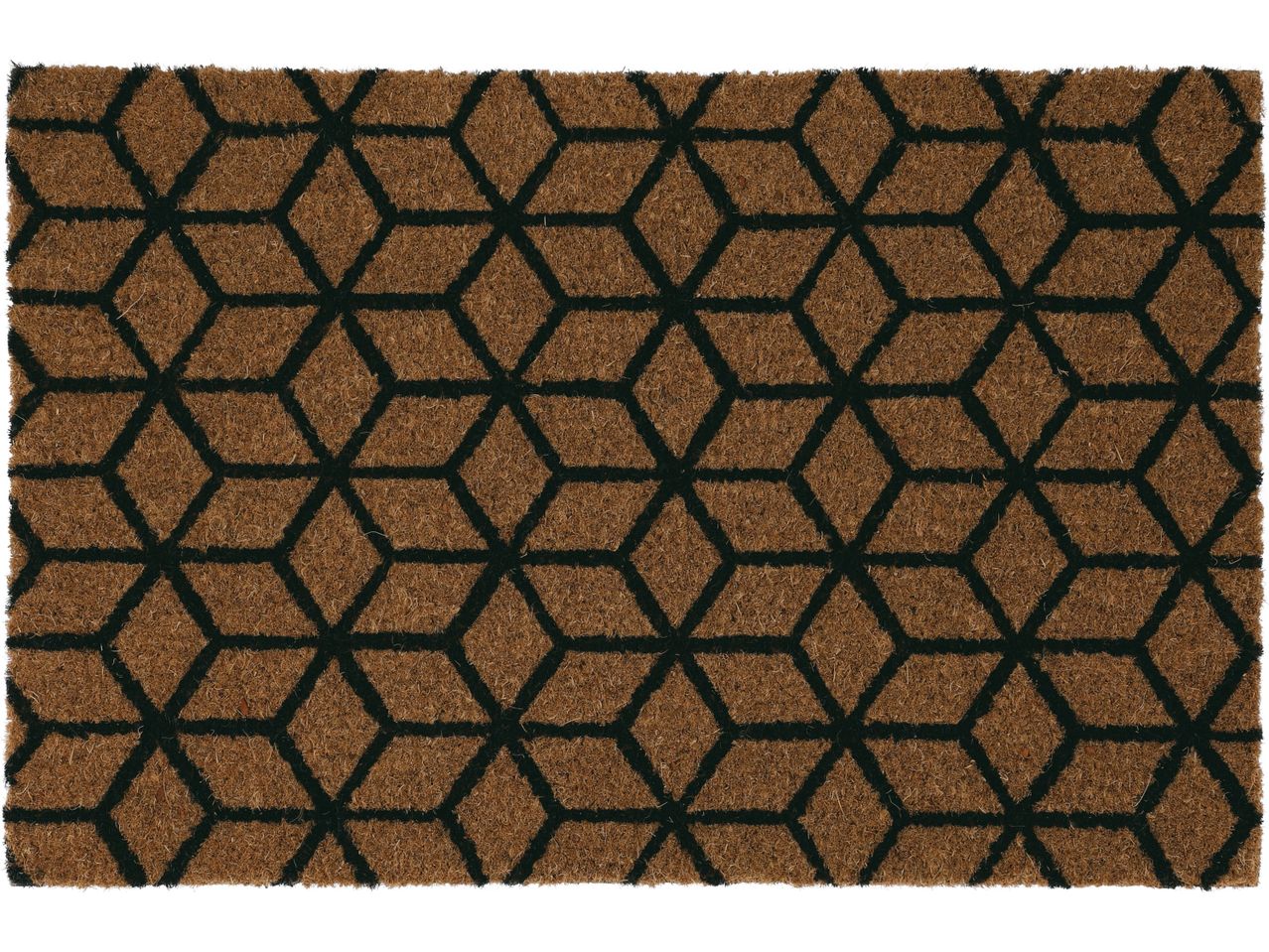 Brown coir doormat with a black geometric cube pattern.