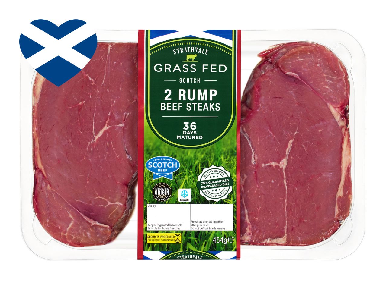Strathvale Scotch beef steaks: Two 36-day matured rump steaks, grass-fed.